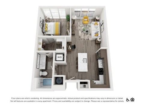 Floor plan for 1 bed, 1 bath, 738 sqft